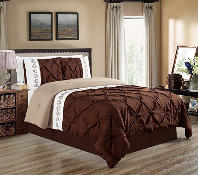 Grand Linen 3 Piece Queen Size Dark Brown/Taupe / White Double-Needle Stitch Puckered Pinch Pleat-Embroidered Duvet Cover Set