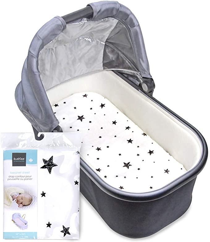 Kushies Bassinet/Carriage Pad Fitted Sheet Flannel, Scribble Stars Black & White