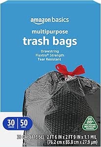 Amazon Basics Flextra Multipurpose Drawstring Trash Bags, 20% Post Consumer Recycled Content, 30 Gallon, 50 Count, Pack of 1