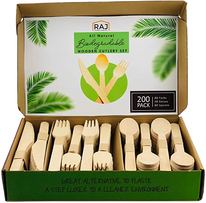 Raj Disposable Wooden Cutlery (200 Count, Forks, Knives, Spoons)