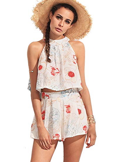 Romwe Women's Summer Two Piece Halter Flower Print Floral Crop Tank Top with Zipper Ruffle Shorts