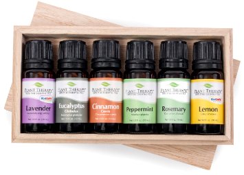 Essential oil sampler gift set in box (set #4). 6 Oils- Includes 100% Pure, Undiluted, Therapeutic Grade Essential Oils of Lavender, Eucalyptus, Cinnamon Cassia, Peppermint, Rosemary and Lemon. 10 ml each.