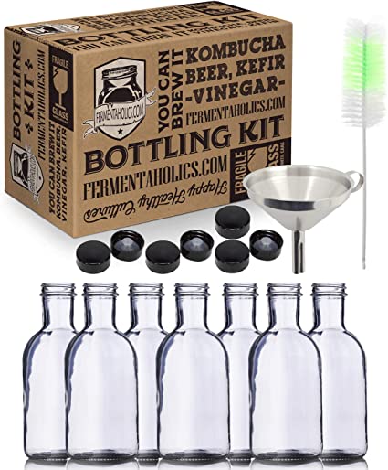 Kombucha Bottling Kit: 7 16 fl oz Glass Stout Bottles With Airtight Lids, Stainless Steel Funnel With Handle, Bottle Brush. Airtight, High-Pressure Bottles Great For Kombucha, Kefir or Ginger Beer