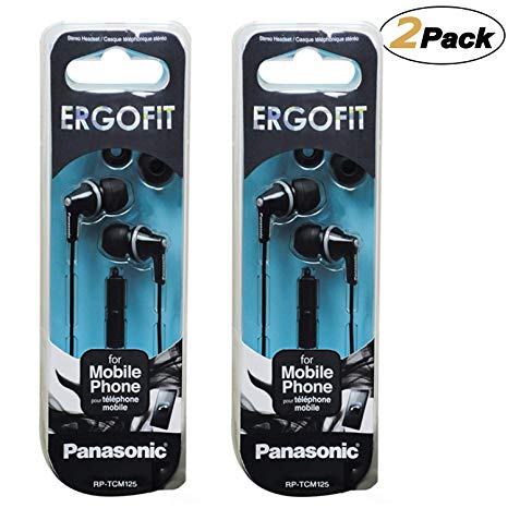 Panasonic Earbud Headphones with Mic and Controller (RP-TCM125-K), Black [2Pack]