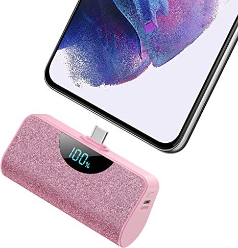 Pxwaxpy Mini Power Bank, 5200mAh USB C Portable Charger Built in Connector Battery Pack with LED Display Compatible with USB C Phones - Huawei Samsung Xiaomi OnePlus Pixel and More (Pink)