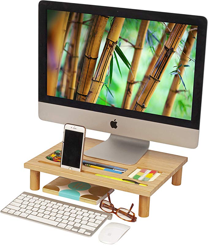 Adorn Home Essentials Adjustable Height Natural Bamboo Wood Monitor Riser Desktop, Laptop, Computer Stand with Multiple Storage Organization Slots for Tablet, Phone, Sticky Notes, etc. - 16'' x 12''
