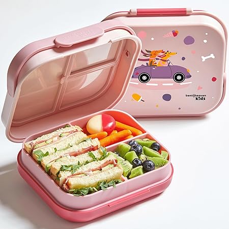 Bentoheaven Premium Bento Lunch Box for Kids, 9 Designs, Leak-proof 3-4 Compartments, Divider, Ideal size 30oz, Microwave/Dishwasher Safe Kids Bento Box (Loncheras Para Niños/Niñas)[Coral Pink]