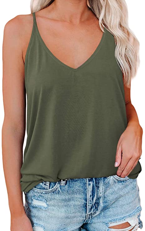 LOLONG Womens Sexy Tank Top V Neck Spaghetti Strap Blouse Adjustable Summer Solid Loose Shirts