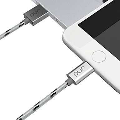 [Apple MFi Certified] PUR 3.3ft/1.0m Nylon Braided Tangle-Free Lightning to USB Cable (Silver)