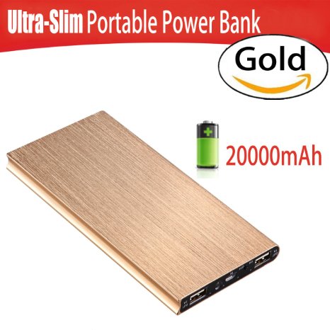 PortablePowerBankPortableChargerPortablePowerBankChargerToullGo 20000mAhUltra-Slim Dual USB PortExternal Battery Pack foriPhone6 6sPlus 5s5seSamsungGalaxyS7S6S5HTCGold