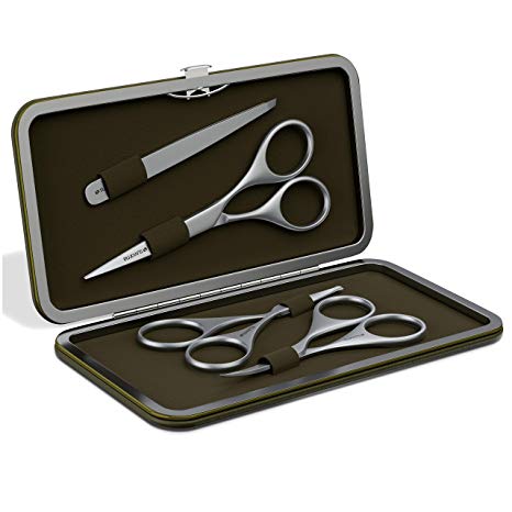 Suvorna Men's 4 Pcs Facial Hair Scissors Set/Kit. Contains 4.5" Mustache & Beard, Ears & Nose and Eyebrow Scissors Along with Slant Tweezers. Awesome Metal & Leather Case.! (Olive Green)