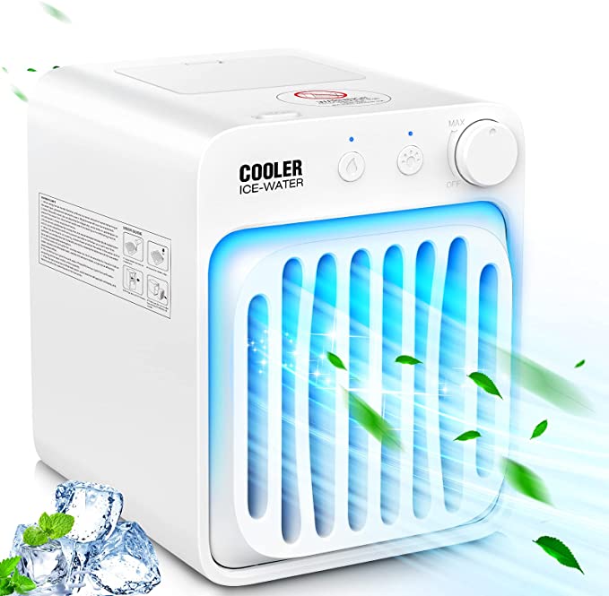 Portable Air Conditioner, Rechargeable Evaporative Air Cooler Fan with Blue Atmosphere Light for Home, Office, Room(Front double ice box)