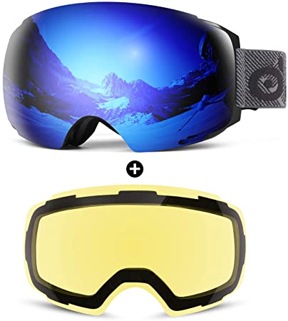 Odoland Magnetic Interchangeable Ski Goggles with 2 Lens, Large Spherical Frameless Snow Goggles for Men & Women, OTG and UV400 Protection