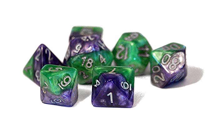 Gate Keeper Games Joker Dice Halfsies Dice - 7 die polyhedral dice Set - Puzzling Purple & Grin Green - Silver Numbering