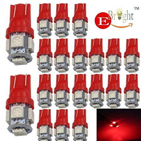 EverBright 20-Pack Red T10 194 168 2825 W5W 5050 5-SMD LED Bulb For Car Replacement Interior Lights Clearance Wedge Dome Trunk Dashboard Bulb License Plate Light Lamp  DC 12V