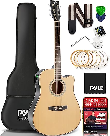 Pyle Cutaway Acoustic Electric Guitar Kit, 4/4 Scale Spruce Wood Steel String Instrument w/ Gig Bag, 41", Natural Matte