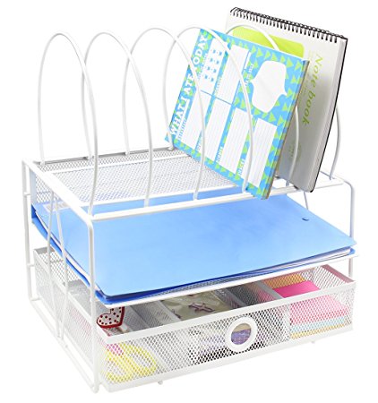 EasyPAG Mesh Desk File Organizer with 5 Sorter Sections Double Letter Tray and Drawer,White
