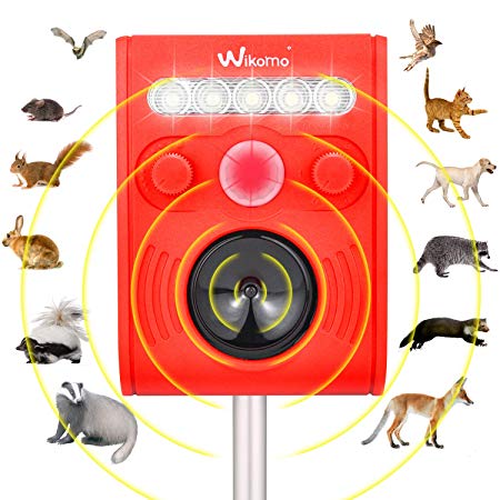 Wikomo Ultrasonic Pest Repeller, Outdoor Animal Repeller Solar Powered Waterproof with Ultrasonic Sound, Motion Sensor and Flashing Light for Cats, Dogs, Squirrels, Moles, Rats New Version