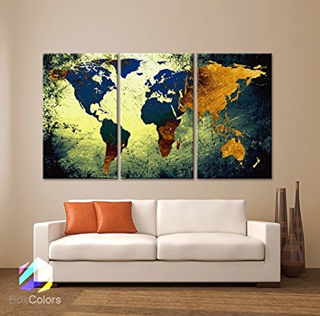 Large 30"x 60" 3 Panels 30x20 Ea Art Canvas Print World Map Texture Abstract Wall Decor Home Office Interior Home Office (Included Framed 1.5" Depth)