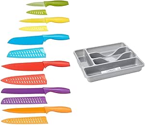 Amazon Basics 12-Piece Coloured Knife Set, Assorted & Wham Silver 5 Compartment Plastic Cutlery Holder Tray Drawer Organiser Rack