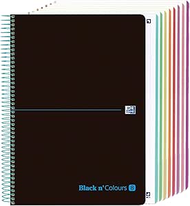 Oxford Cahier A4 quadrillé 5 x 5, couverture en plastique, 8 bandes de couleur, feuilles micro-perforées, couleur noire