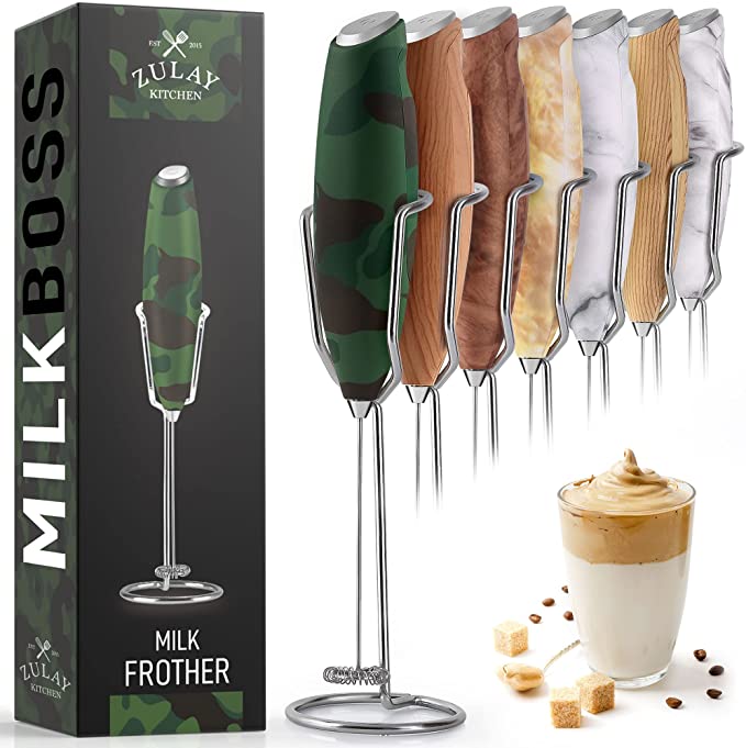 Zulay Milk Frother Handheld Foam Maker With Upgraded Holster Stand - Powerful Coffee Frother Electric Handheld Mixer - Battery Operated Frother For Coffee with Stainless Steel Electric Whisk (Green)