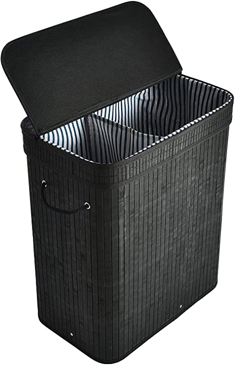 ALINK 100L Bamboo Laundry Basket with 2 Sections, XXL Tall Large Foldable Storage Hamper, Dirty Clothes Bin Box with Lid, Handles, Removable Liner, Rectangular, Black