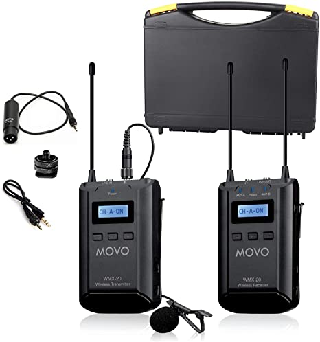 Movo WMX-20 48-Channel UHF Wireless Lavalier Microphone System with 1 Receiver, 1 Transmitter, and 1 Lapel Microphone Compatible with DSLR Cameras (330' ft Audio Range)