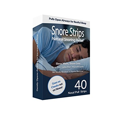Stop Snoring - Snore Strips - New! Sleep Aid - Snoring Solution - Nasal Strips. GO ON CHEEKS NOT OVER NOSE and PULL Open Airways by over 61% vs 30% for traditional nose strips! USA Made, 40 Count