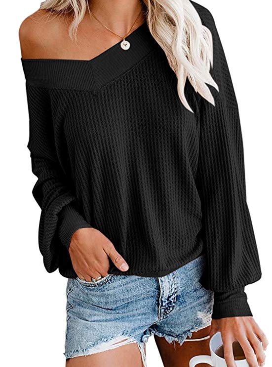 Dressmine Women's V Neck Long Sleeve Shirts Waffle Knit Tunic Tops Oversized Pullover Sweaters