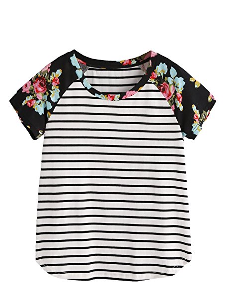 ROMWE Women's Floral Print Short Sleeve Tops Striped Casual Blouses T Shirt