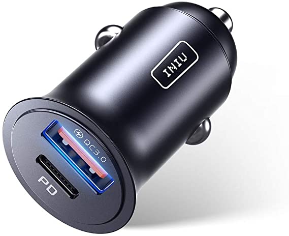 Car Charger, INIU 2-Port 60W QC3.0 5A PD Fast Charge USB Car Charge, All-Metal Mini [USB C USB A] Car Adapter for iPhone 12 11 Pro XR 8 Max Mini iPad Samsung Galaxy S21 S10 MacBook Airpods Pixel etc.