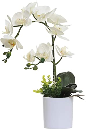 OMYGARDEN White Orchid Artificial Flowers in Pot, Fake Plastic Orchid Flowers, Decoration for Home Office Wedding(White 2 Bouquets)