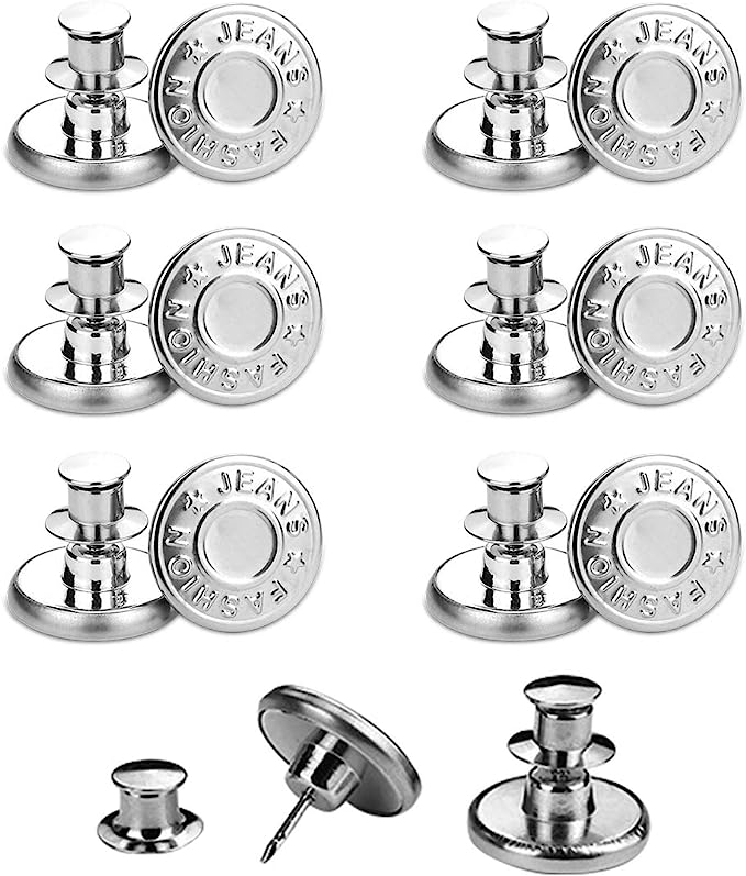 SHISHUO Jean Button Pins,12 Pcs Adjustable Silver No Sew Metal Replacement Instant Buttons to Extend or Reduce Pants Waist Size, Cowboy Clothing Jackets Bags Detachable Perfect Fit Fashion Buttons