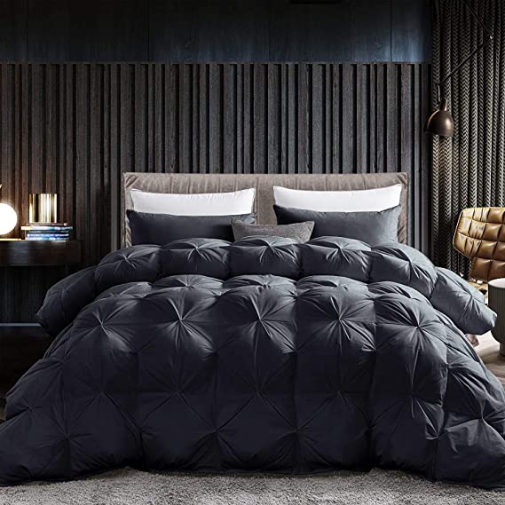 Luxurious All-Season Goose Down Comforter Duvet Insert, Exquisite Pinch Pleat Design, 1200 Thread Count 100% Egyptian Cotton, 750+ Fill Power, 50 oz Fill Weight, (Twin, Black)