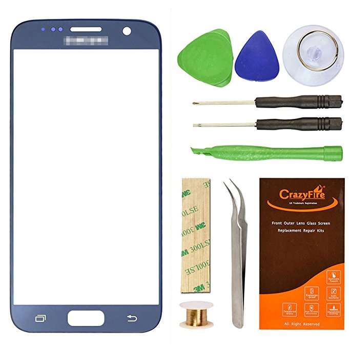 Samsung Galaxy S7 G930 Blue Replacement Front Outer Lens Glass Screen CrazyFire Repair Kit with 1MM Adhesive Tape  Tools Kit  1 Pair Tweezers 1 Roll Micro Wire for G930A G930F G930FQ G930K