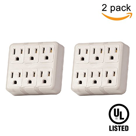 (2 Pack) Uninex Grounded Wall Tap 6 Outlet AC Power Adapter Electrical Plug UL