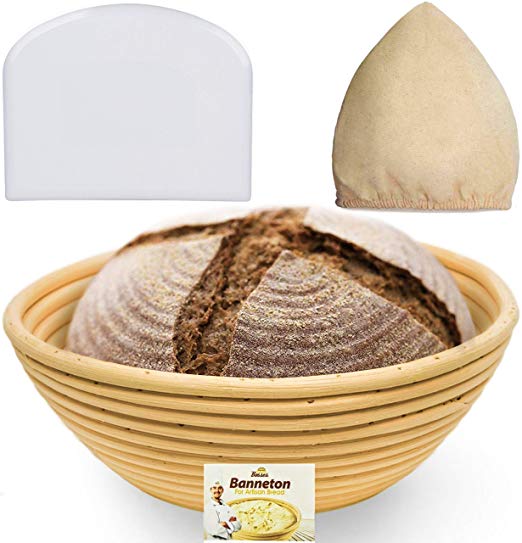 9 Inch Banneton Proofing Basket Set - for Professional and Home Bakers (Sourdough Recipe) Bowl Scraper and Brotform Cloth Liner for Rising Round Crispy Crust Baked Bread Making Dough Loaf Boules
