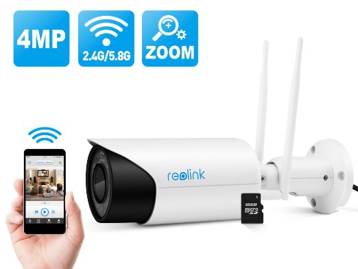 Wireless IP Security Camera Dual-Mode 2.4G/5.8G, 4-Megapixel HD Day and Night, 4X Varifocal Bullet, Indoor/Outdoor Waterproof, Video Recording System ONVIF with 16GB Micro SD Card, Reolink RLC-411WS