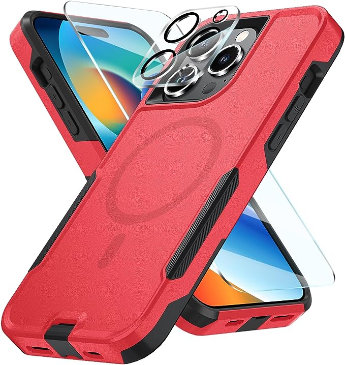 SunRemex Magnetic for iPhone 15 Pro Max Case with Camera Lens Protector & Tempered Glass Screen Protector, Magsafe Heavy-Duty iPhone 15 Pro Max Phone Case 6.7" (RedBlack)