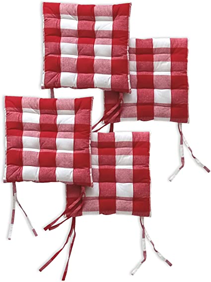 Encasa Homes 4 pcs Chair Cushions 40 x 40 cm with Ties - Buffalo Red Checks - Cotton Fabric, Rich Square Seat Cushions with Thick Fiber Filling, Large Size for Dining, Outdoor, Patio, Chair