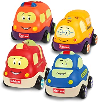 Kidzlane Pull Back Cars - Set of 4 Toy Cars Includes Police Car, Fire Truck, School Bus & Ambulance - Soft & Sturdy Toys for Toddler Boys & Girls!