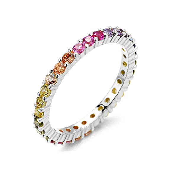 NYC Sterling Women's 2MM Sterling Silver Rainbow Round Cubic Zirconia Eternity Ring