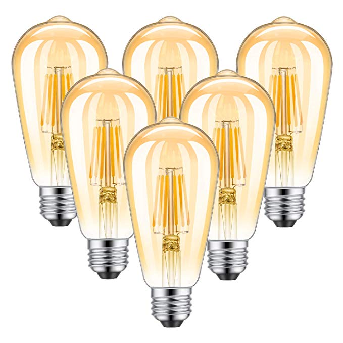 Kohree LED Edison Bulbs, 6W ST58 Dimmable Filament Light Bulbs 500lm 2300K Warm White Amber Gold Glass E26 Base Pack of 6