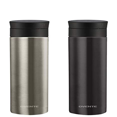 Ovente Travel Mug with Flavor Infuser, Hot/Cool Thermos, Vacuum Insulated, Stainless Steel, Nickel Brushed, 12 oz, Gunmetal and Nickel Brushed (2-pack)