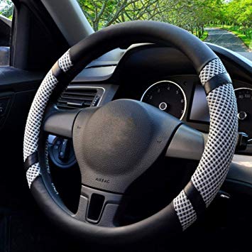 Steering Wheel Cover, Microfiber Leather and Viscose, Breathable, Anti-Slip, Odorless, Warm in Winter and Cool in Summer, Universal 15 Inches. (Gray)