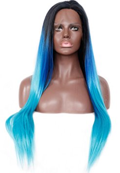 Ebingoo Dark Root Blue Ombre Synthetic Straight Hair Deep Lace Front Wig(24inches)