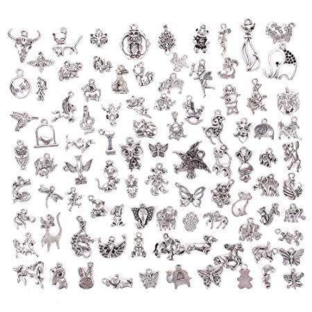 KeyZone 100 Pieces Silver Mixed Animals Styles Charms Pendants DIY for Necklace Bracelet Jewelry Making