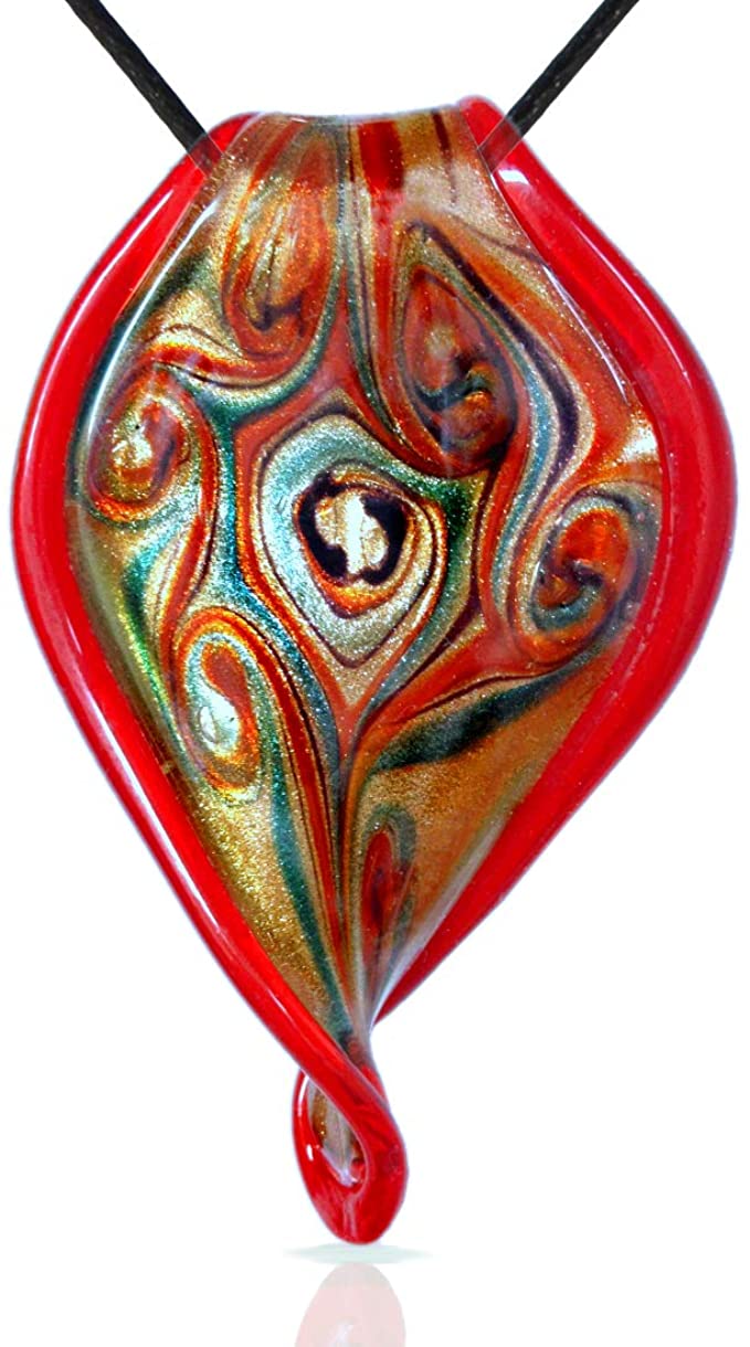 Murano Inspired Glass Red Twisted Leaf Pendant by BESHEEK │ Lampwork Handmade Artisan Blown Glass Hypoallergenic Italian Style Jewelry for Women