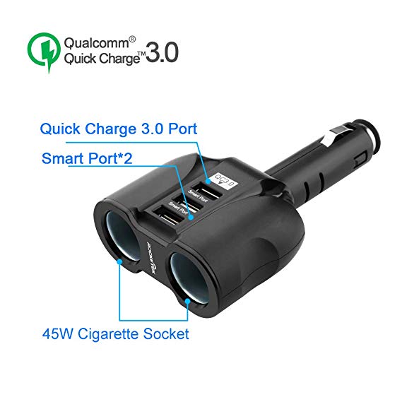 ROCKETEK 2-Socket 90W 12V/24V DC Outlet Multi Socket Cigarette Lighter Power Adapter with Triple USB 3.0 Quick Charge Car USB Splitter Charger for iPhone/ipad/Android Cell Phone/Tablet, GPS